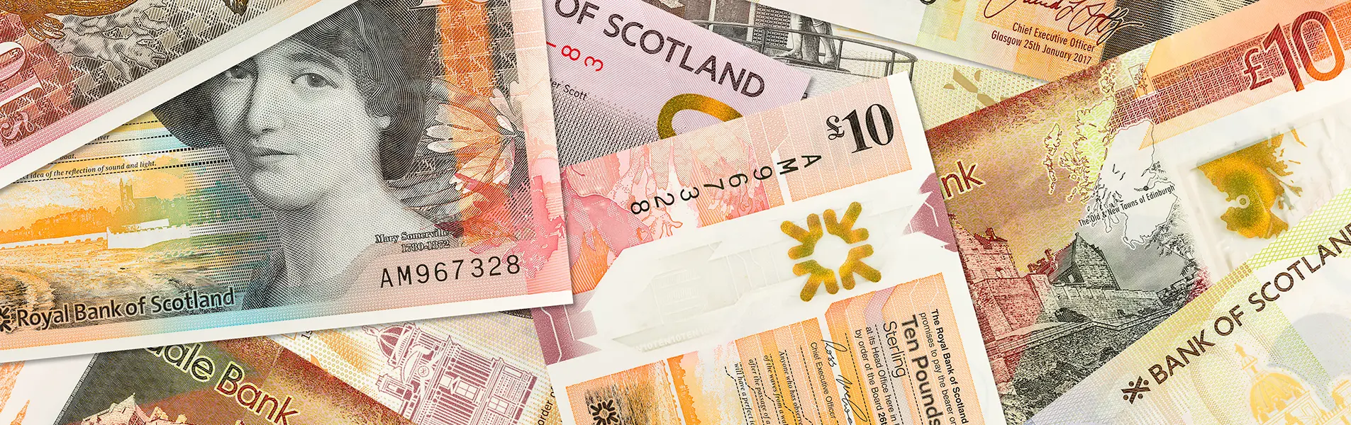 Scottish banknotes from the Royal Bank of Scotland, the Bank of Scotland, and Clydesdale Bank, including a ten-pound note