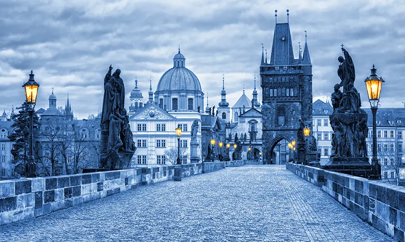 The Charles Bridge spanning the Vltava River in Prague