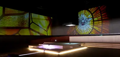  darkened room with a light display, inside the Seosomun Shrine History Museum, Seoul