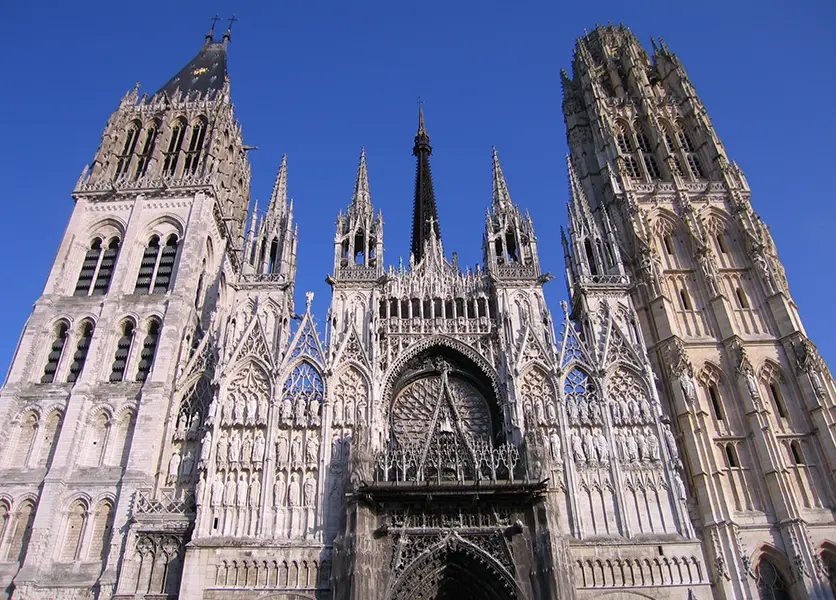 The Gothic façade of Rouen Cathedral in Normandy, France