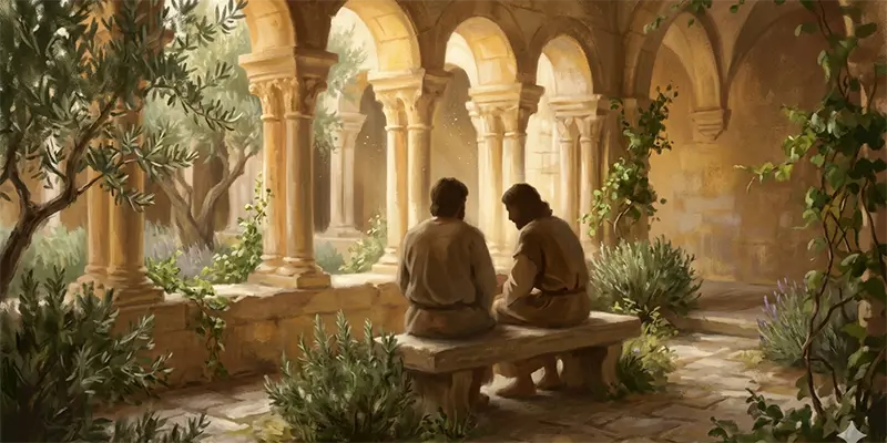 Two figures seated together in a sunlit cloister garden, one inclined toward the other in a posture of listening