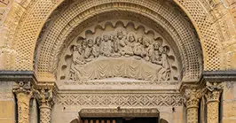 Carved relief of the Last Supper above the entrance to the Chapel of the Apparitions at Paray-le-Monial, where Christ revealed His Sacred Heart to Saint Margaret Mary, France