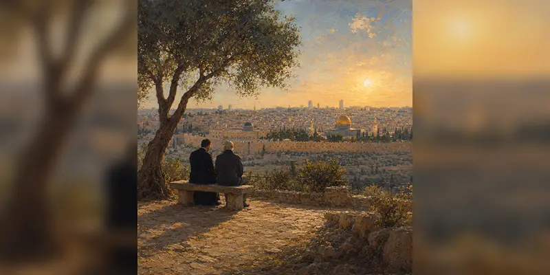 A priest pauses to listen as a pilgrim sits in quiet reflection