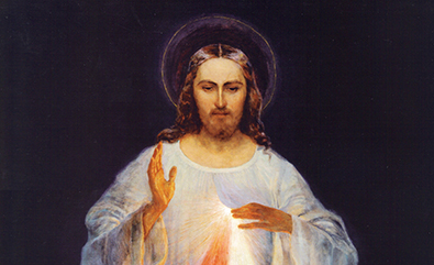 Close-up of Christ's blessing hand and rays of mercy from the 1934 Kazimirowski painting, the original Divine Mercy image venerated in Vilnius, Lithuania.