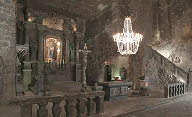 St. Kinga's Chapel carved entirely from salt at the underground Wieliczka Salt Mine near Krakow, Poland.