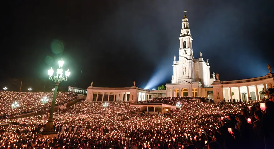 Candlelight Rosary procession of pilgrims approaching the Chapel of the Apparitions at Fatima