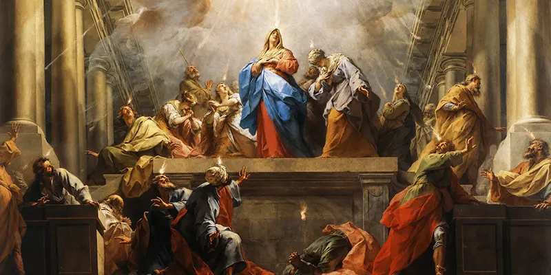 A traditional depiction of Pentecost — Mary and the apostles receiving the Holy Spirit in tongues of fire, the moment the Church became visible to the world.
