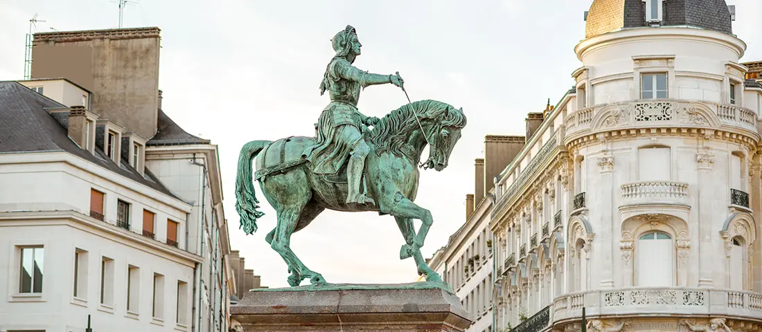 The bronze equestrian statue of Saint Joan of Arc by Denis Foyatier at Place du Martroi in Orleans, France