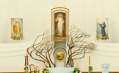 Interior of the Divine Mercy Basilica in Lagiewniki, Krakow, the shrine built around St. Faustina's tomb.