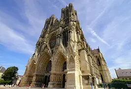 The Gothic facade of the Cathedral of Notre-Dame de Reims, the coronation cathedral of the kings of France