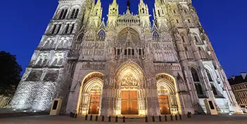 The Gothic Rouen Cathedral with its 151-meter cast-iron spire — the tallest church spire in France