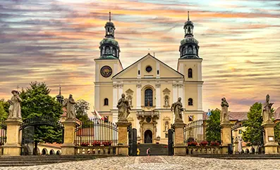 Exterior of the Marian basilica at Kalwaria Zebrzydowska in Poland, a UNESCO pilgrimage site beloved by St. John Paul II from boyhood.