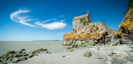 Saint Aubert's Chapel on the rocky outcrop of Mont-Saint-Michel in Normandy, France