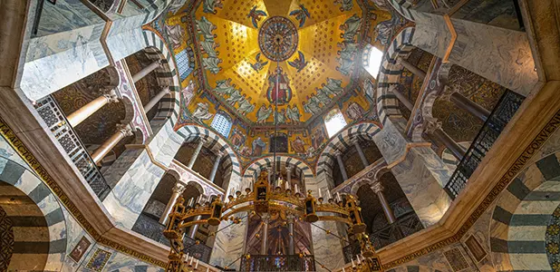 The domed octagon of Aachen Cathedral, Charlemagne's palatine chapel in Germany