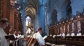 Cistercian monks chanting in Heiligenkreuz Abbey in the Vienna Woods, Austria