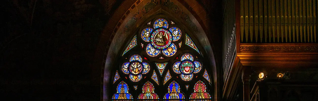 Stained glass windows inside the Basilica of the Holy Blood in Bruges, Belgium