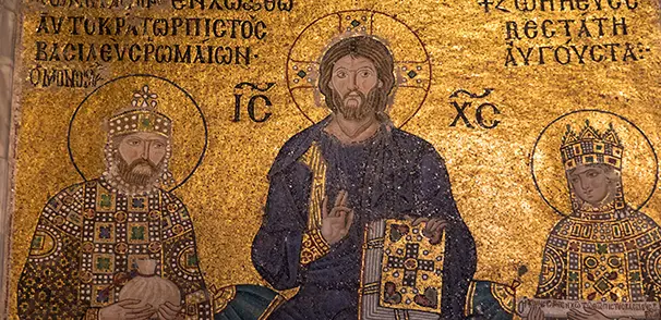 Byzantine mosaic of Christ Pantokrator inside the Hagia Sophia in Istanbul, Turkey