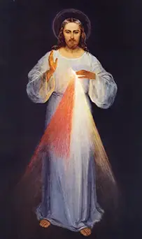 The 1934 Kazimirowski painting of the Divine Mercy, the original image painted under St. Faustina's direction, now venerated in Vilnius, Lithuania.