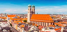 The twin onion domes of the Frauenkirche, Munich's cathedral, in Bavaria, Germany