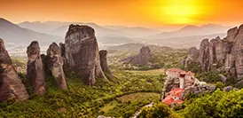 Byzantine monasteries perched atop sheer rock pinnacles at Meteora, Greece