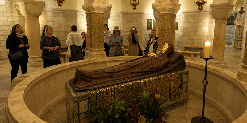 The crypt of the Dormition Abbey on Mount Zion, where an effigy of the sleeping Virgin commemorates the end of Mary's earthly life.