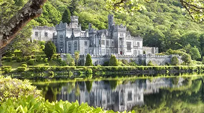 Kylemore Abbey reflected in the lake, the Benedictine abbey of Connemara