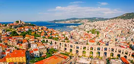 The harbor of Kavala, Greece — ancient Neapolis, where St. Paul first set foot in Europe — with its Roman aqueduct