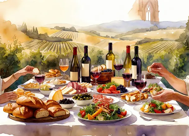 Watercolor illustration of a table set with food and wine, vineyards rolling behind — the spirit of Gothic, Grape and Gratitude
