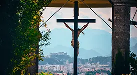 Hilltop crucifix at Maria Plain overlooking Salzburg, Austria