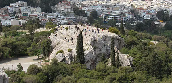 The rock of the Areopagus, or Mars Hill, in Athens, Greece, where St. Paul preached to the Athenians in Acts 17