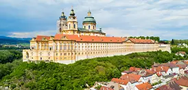 Exterior of the Baroque Melk Abbey above the Danube, Austria