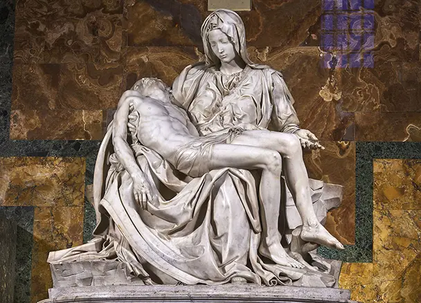 Michelangelo's Pietà in St. Peter's Basilica — Mary cradling the body of Christ in luminous white marble