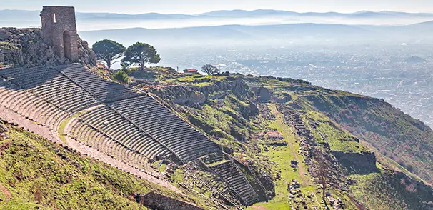 The steep hillside theater of ancient Pergamum, one of the Seven Churches of Revelation in Turkey