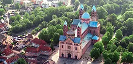 Aerial view of Romanesque Speyer Cathedral, a UNESCO World Heritage site in Germany