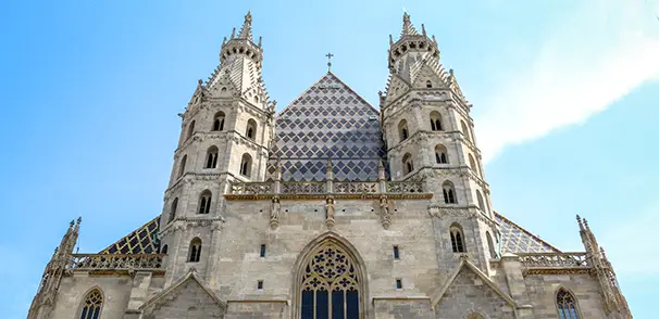 Exterior of St. Stephen's Cathedral with its tiled roof, Vienna, Austria