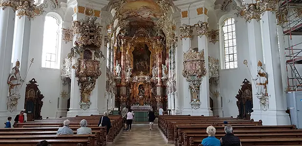 Rococo interior and altar of the Wieskirche, the pilgrimage Church of the Scourged Redeemer in Bavaria