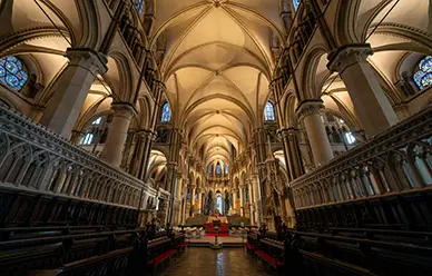 The vaulted interior of Canterbury Cathedral, where St. Thomas Becket was martyred in 1170