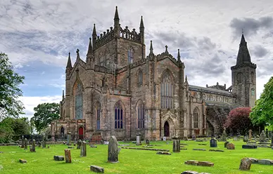 Dunfermline Abbey and its graveyard in Fife, burial place of St. Margaret of Scotland and Robert the Bruce