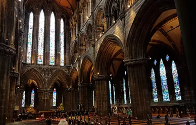 The nave and stained glass of Glasgow Cathedral, built above the tomb of St. Mungo, founder of the city