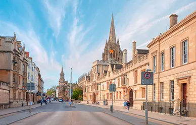 The spire of the University Church of St. Mary the Virgin above Oxford's High Street, where St. John Henry Newman preached