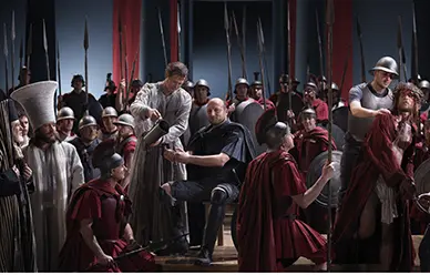 Cast members of the Oberammergau Passion Play in costume on the open-air stage