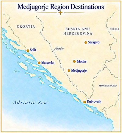 Map of the Dalmatian coast showing Split, Makarska and Dubrovnik in Croatia alongside Medjugorje, Mostar and Sarajevo across the border in Bosnia and Herzegovina