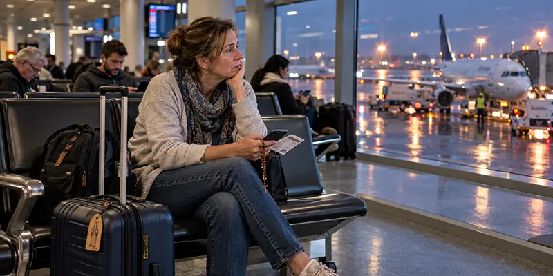 Pilgrim holding a rosary and boarding pass while waiting out a delay at an airport gate