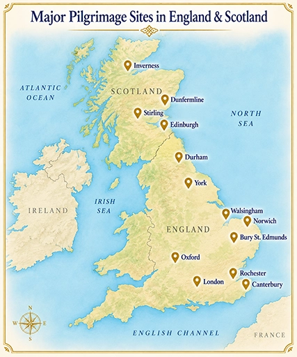 Map of major Catholic pilgrimage sites in England and Scotland, including Canterbury, Rochester, London, Oxford, Walsingham, Norwich, Bury St. Edmunds, York, Durham, Edinburgh, Stirling, Dunfermline, and Inverness