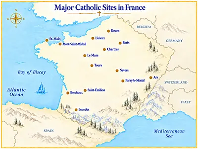 Map of major Catholic pilgrimage sites in France, showing Lourdes, Paris, Chartres, Lisieux, Rouen, Mont-Saint-Michel, Saint-Malo, Le Mans, Tours, Nevers, Paray-le-Monial, Ars, Bordeaux, and Saint-Emilion
