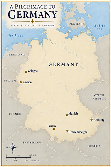 Map of Catholic pilgrimage sites in Germany, including Cologne and Aachen in the Rhineland and Munich, Altötting, Füssen, and Oberammergau in Bavaria, with the neighboring countries of Denmark, the Netherlands, Belgium, France, Switzerland, Austria, and the Czech Republic