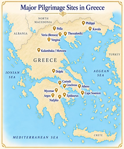Map of major Catholic pilgrimage sites in Greece, including Athens, Corinth, Cenchreae, Delphi, Kalambaka and Meteora, Veria (Beroea), Thessaloniki, Kavala, and Philippi, with the border with Turkey