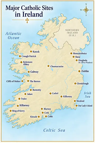 Map of Ireland showing pilgrimage sites including Knock, Dublin, Galway, Glendalough, and the Rock of Cashel