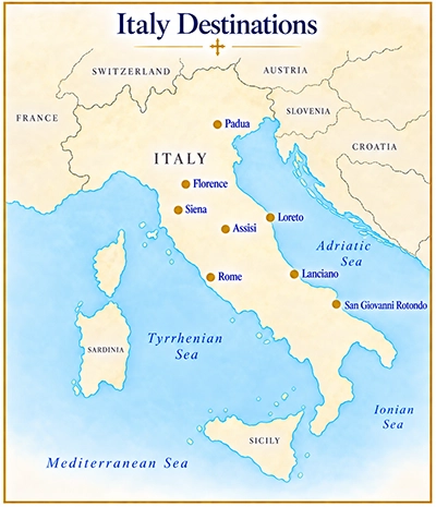 Map of Italy pilgrimage destinations, showing Rome, Assisi, Siena, Florence, Padua, Loreto, Lanciano, and San Giovanni Rotondo