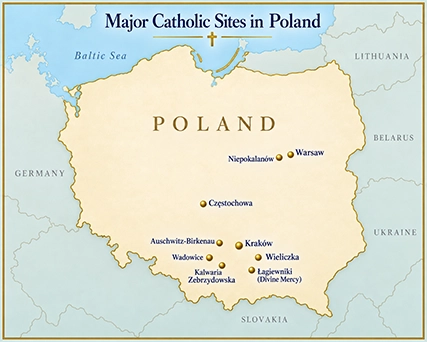 Map of major Catholic pilgrimage sites in Poland, including Warsaw, Niepokalanow, Czestochowa, Krakow, the Divine Mercy Shrine at Lagiewniki, Wadowice, Kalwaria Zebrzydowska, Wieliczka, and Auschwitz-Birkenau